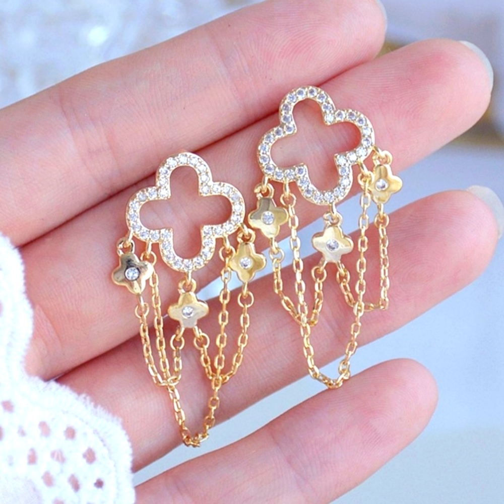 Clover 14k Gold Plated Zircon Chain Earrings - Picture 5 of 5